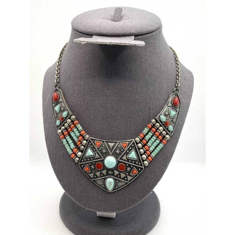 Necklace Southwest Bib Necklace Faux Turquoise Faux Coral Pewter Finish …